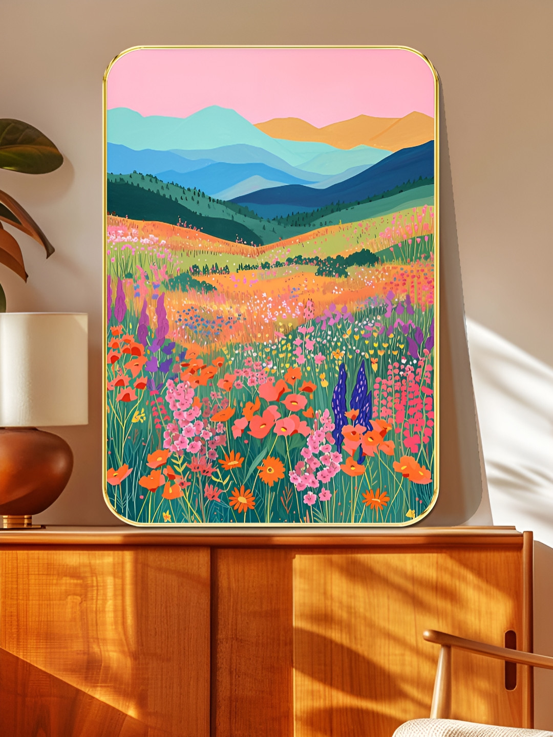 Myntra Elegant Homes Pink & Blue Wooden Vibrant Floral Meadow Wall Art