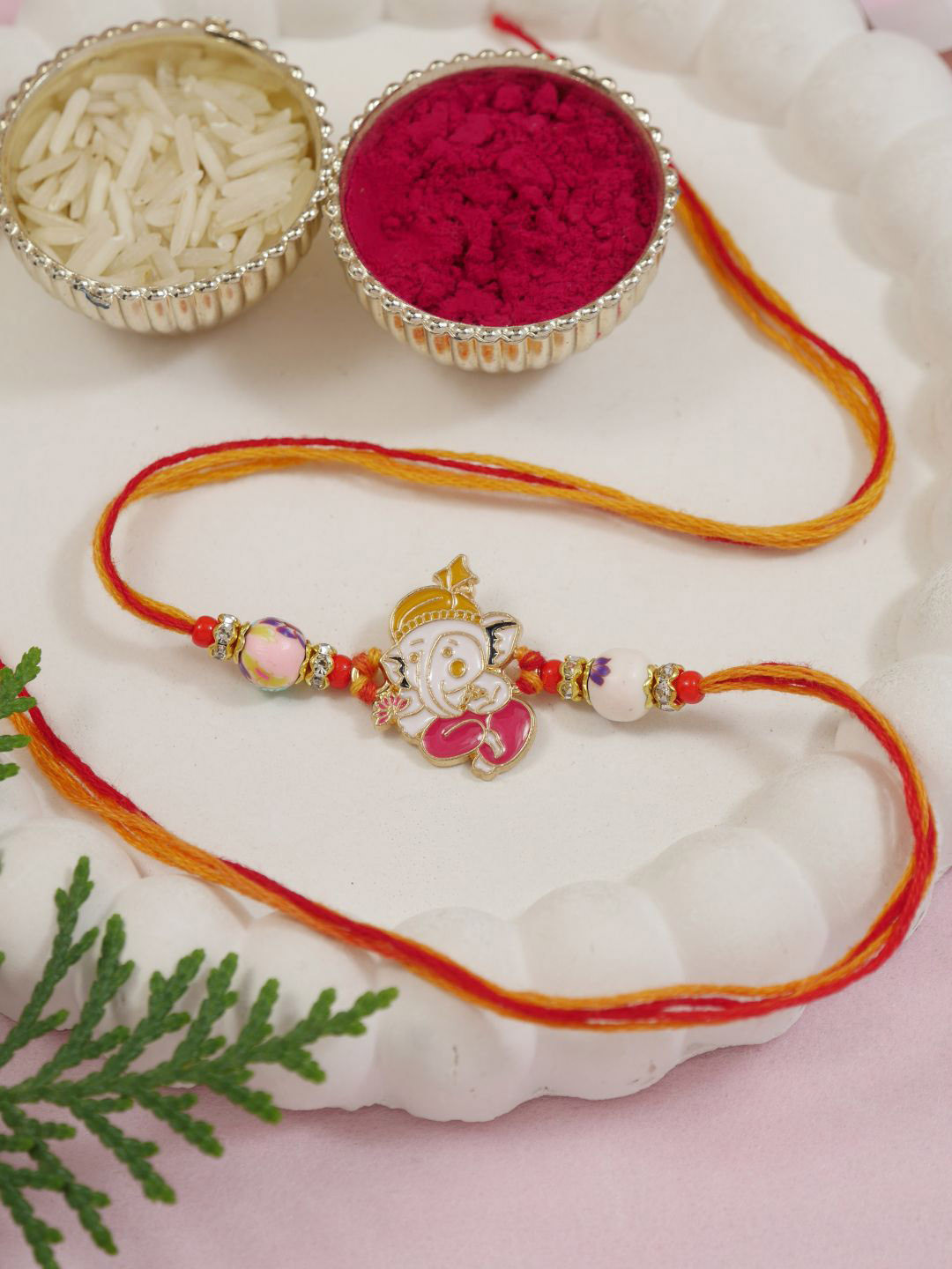I Jewels Artificial Stones Studded & Beaded Cute Ganesha Thread Rakhi With Roli Chawal