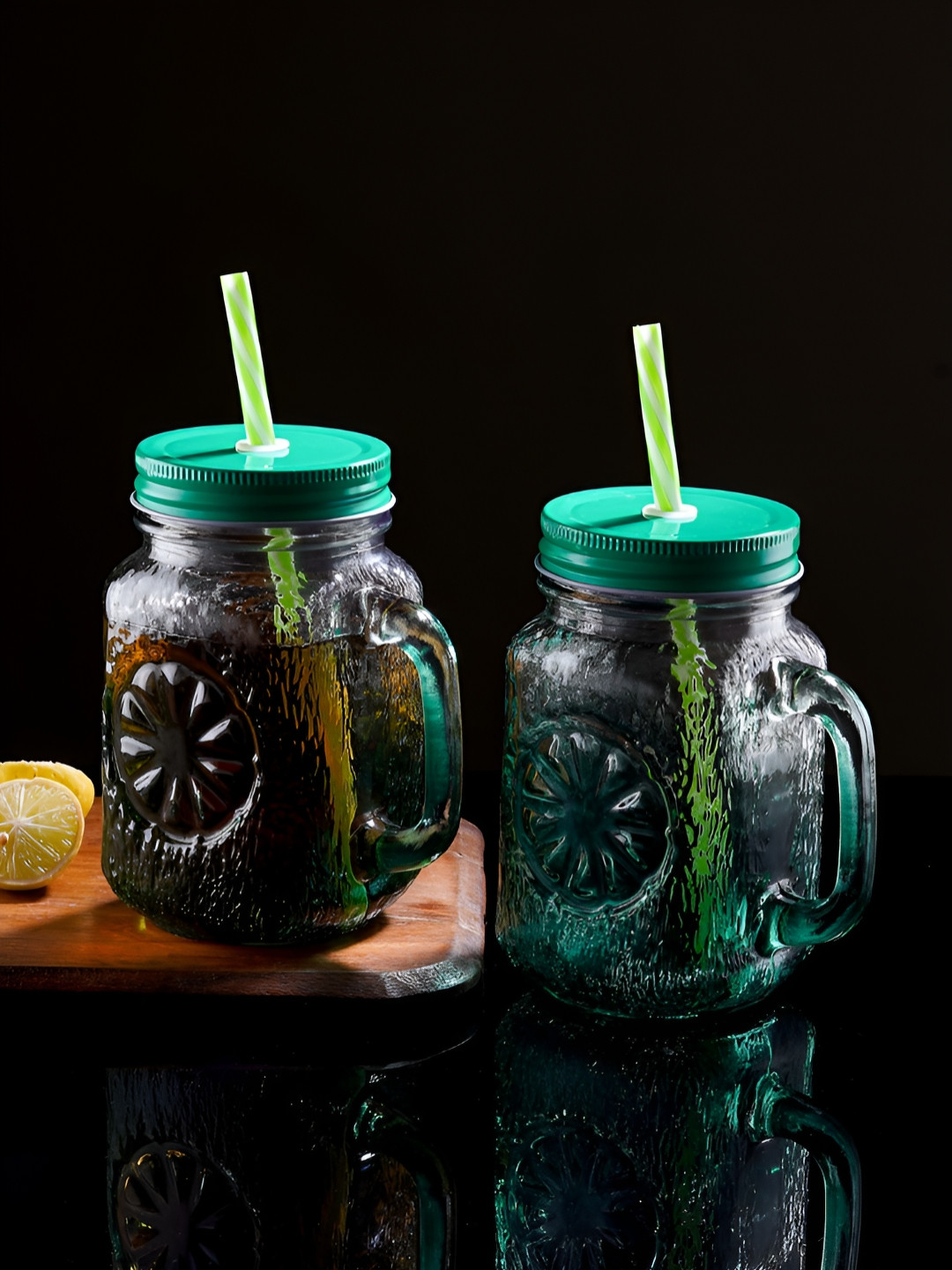 Aura Green & Transparent 2 Pieces Mason Jar With Metal Lid & Straw 480 ml Each