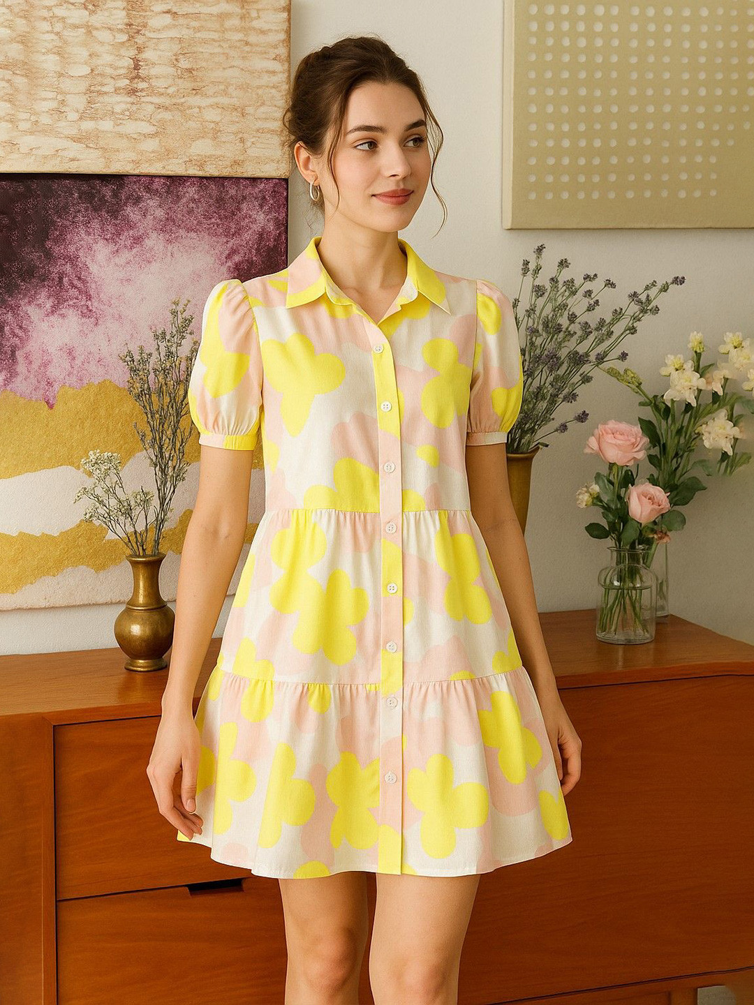 De La Moda Women Abstract Printed Puff Sleeves Shirt Above Knee Dress