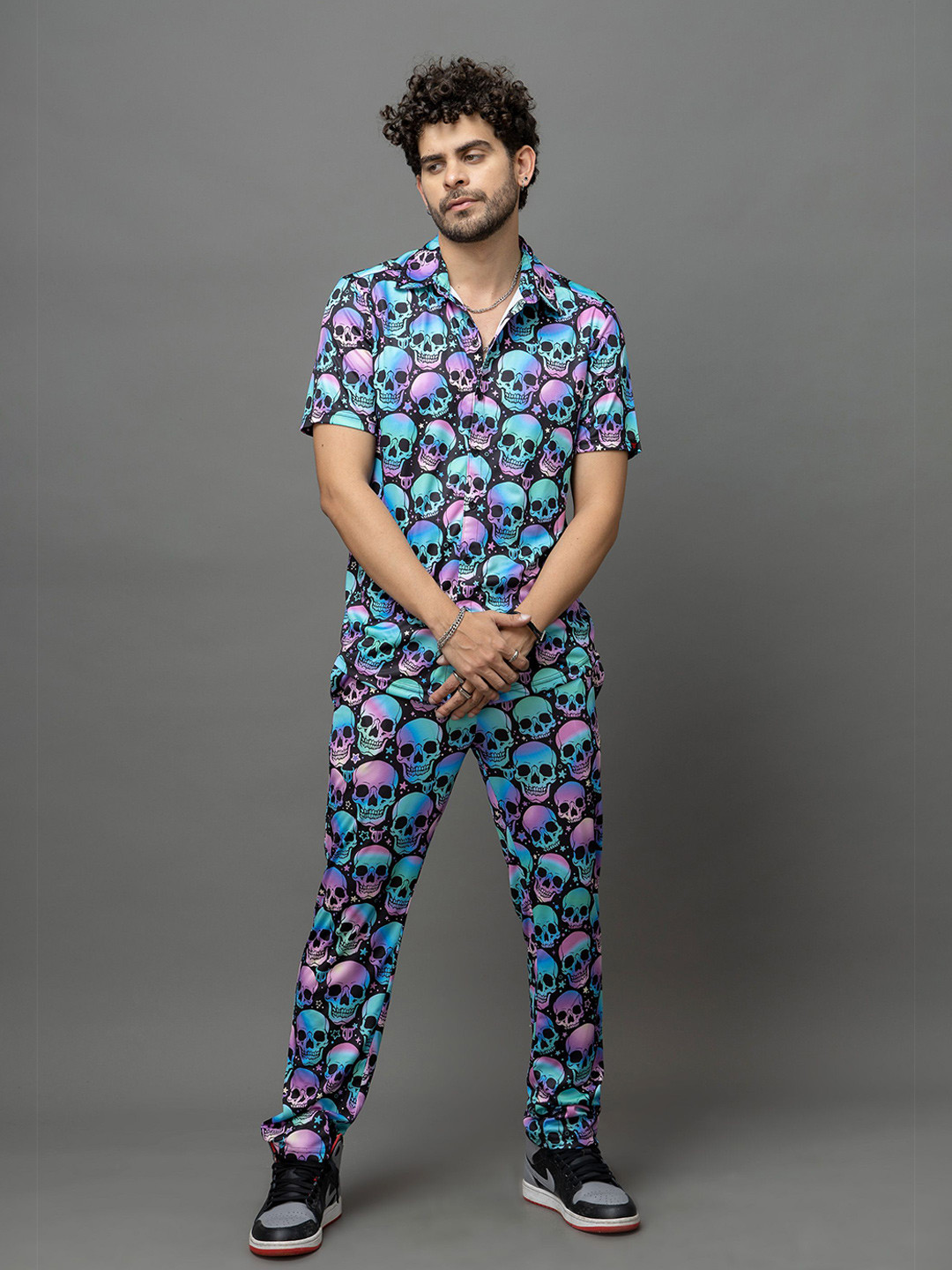 GO DEVIL Skull Printed Shirt Collar Shirt With Trousers Co-Ords Set