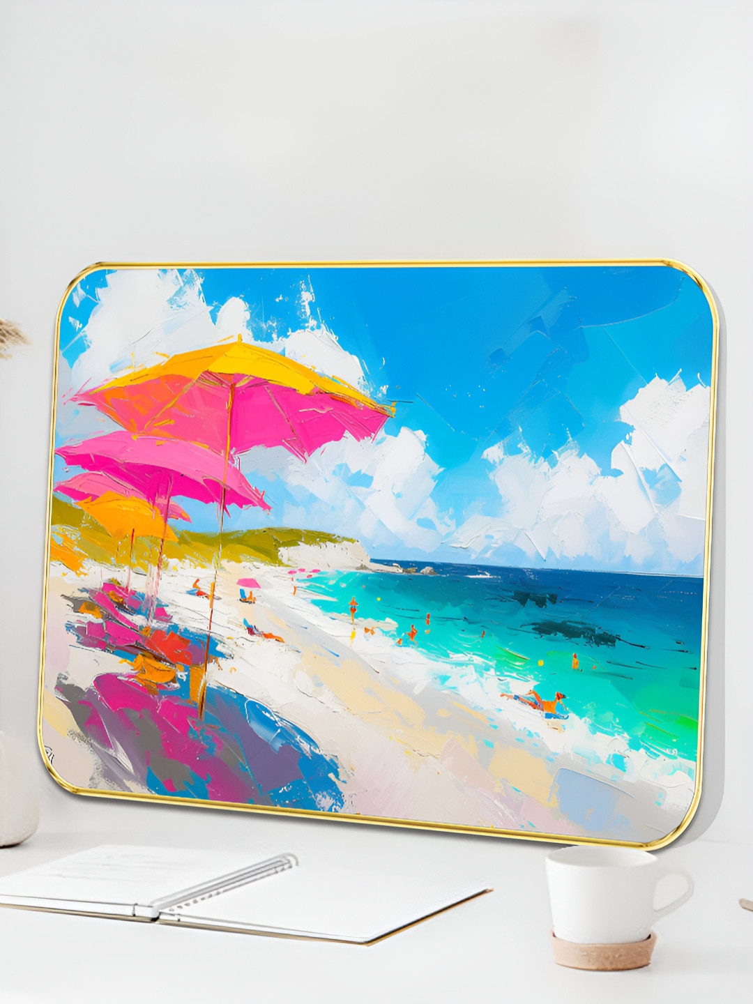 Myntra Elegant Homes Blue & Pink Beach And Umbrella Wooden Wall Art