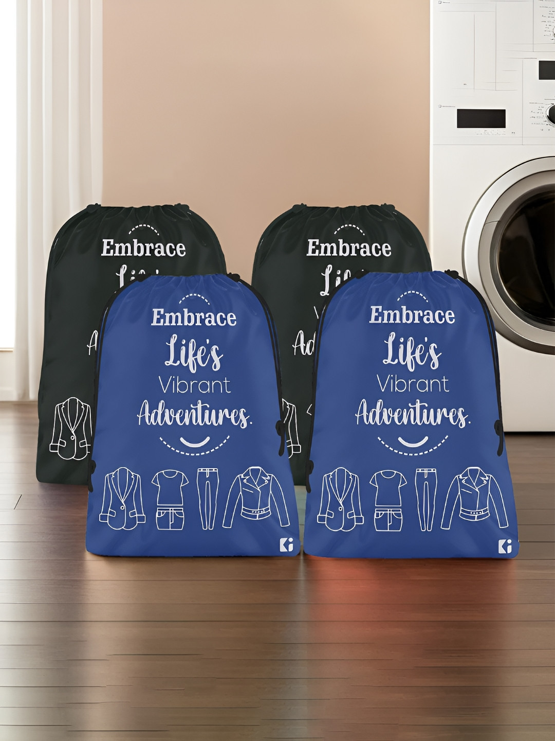 Aura Blue & Black 4 Pieces Printed Foldable Water Resistant Multi-Utility Laundry Bags