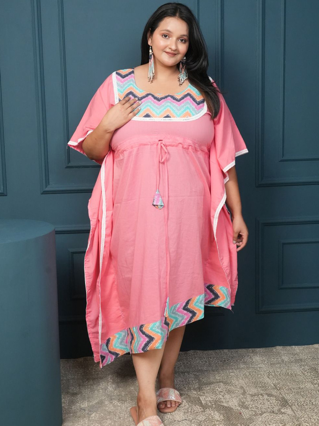 Swadeshi Shringaar Plus Size Printed Cotton Asymmetric Kaftan Dress