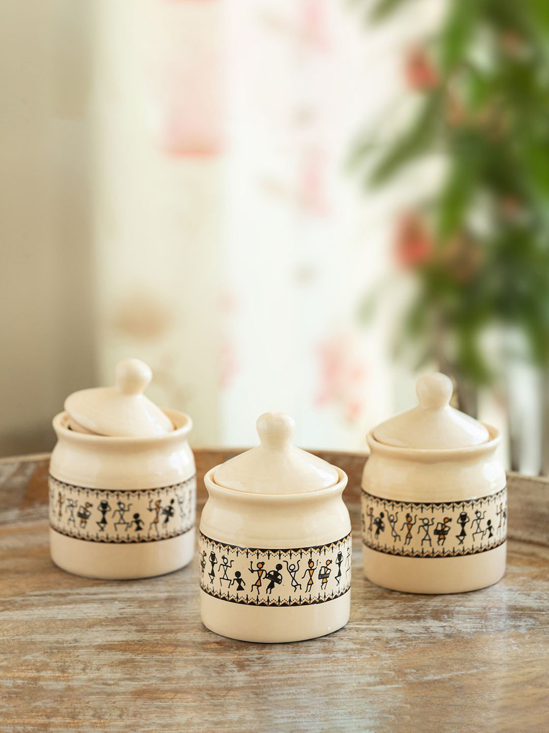 ExclusiveLane Warli Tales Off White 3 Pieces Ceramic Pickle & Chutney Containers