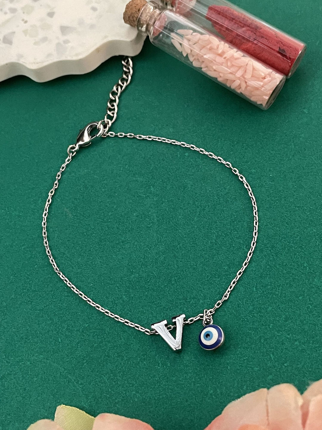 Digital Dress Room Silver Plated V Letter Evil Eye Bracelet Rakhi