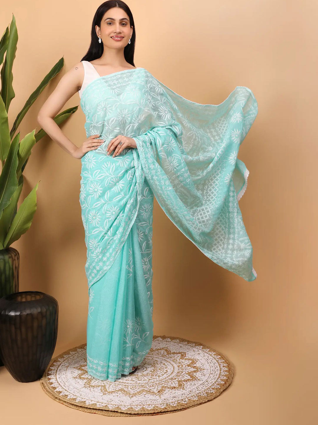SHWET Women Cyan Embroidered Kota Cotton Chikankari Saree