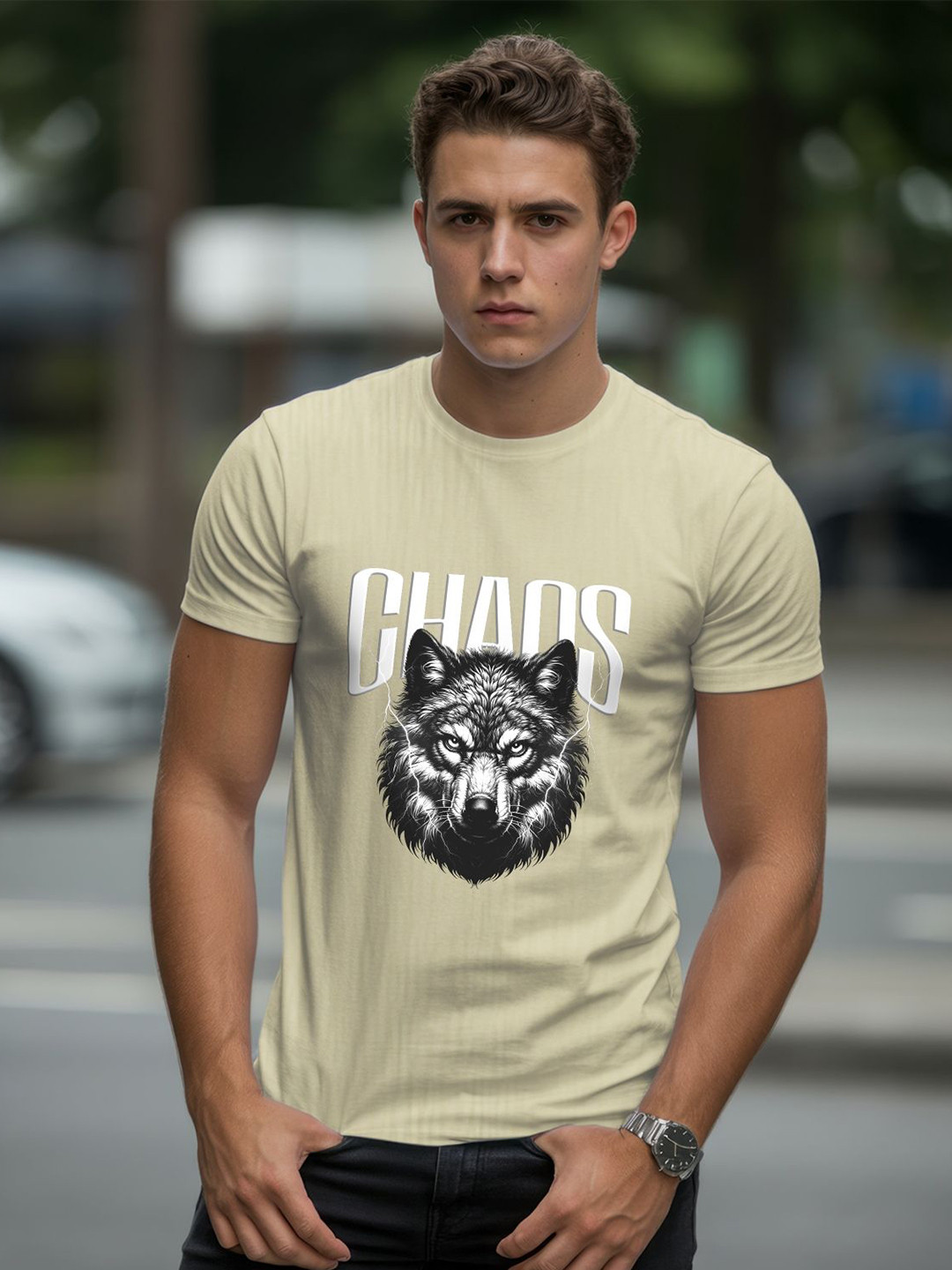 GRACE & JACK Chaos Wolf Printed Round Neck T-shirt