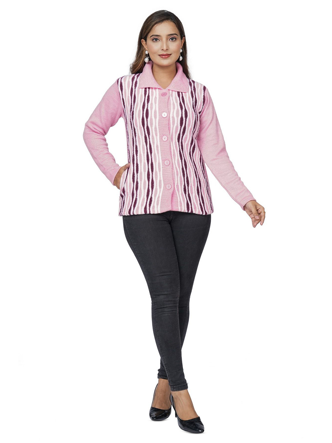 WOOL 4U Women Ribbed Shirt Collar Woollen Cardigan