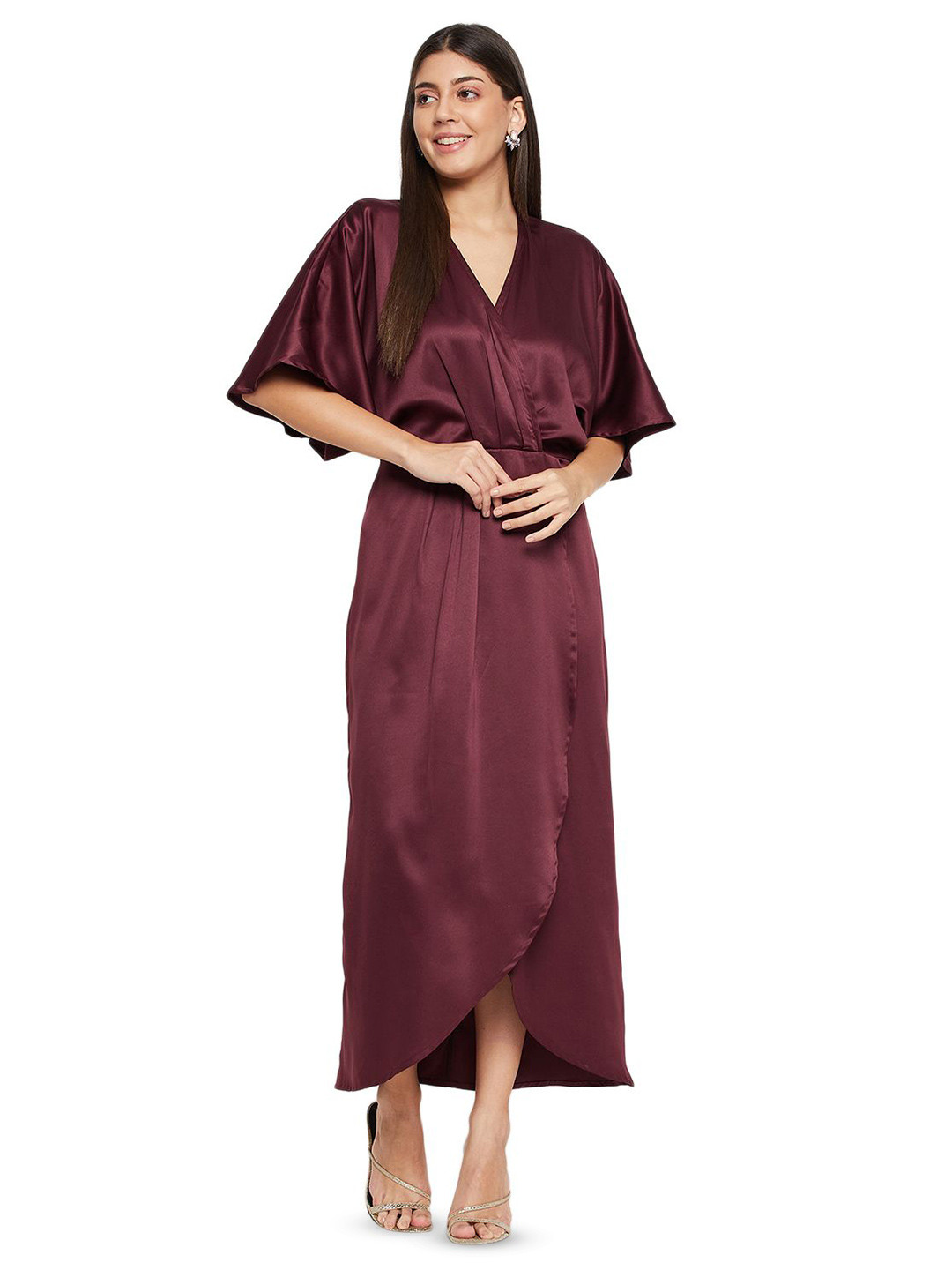 Color Cocktail Women Kimono Sleeve Satin Wrap Midi Dress