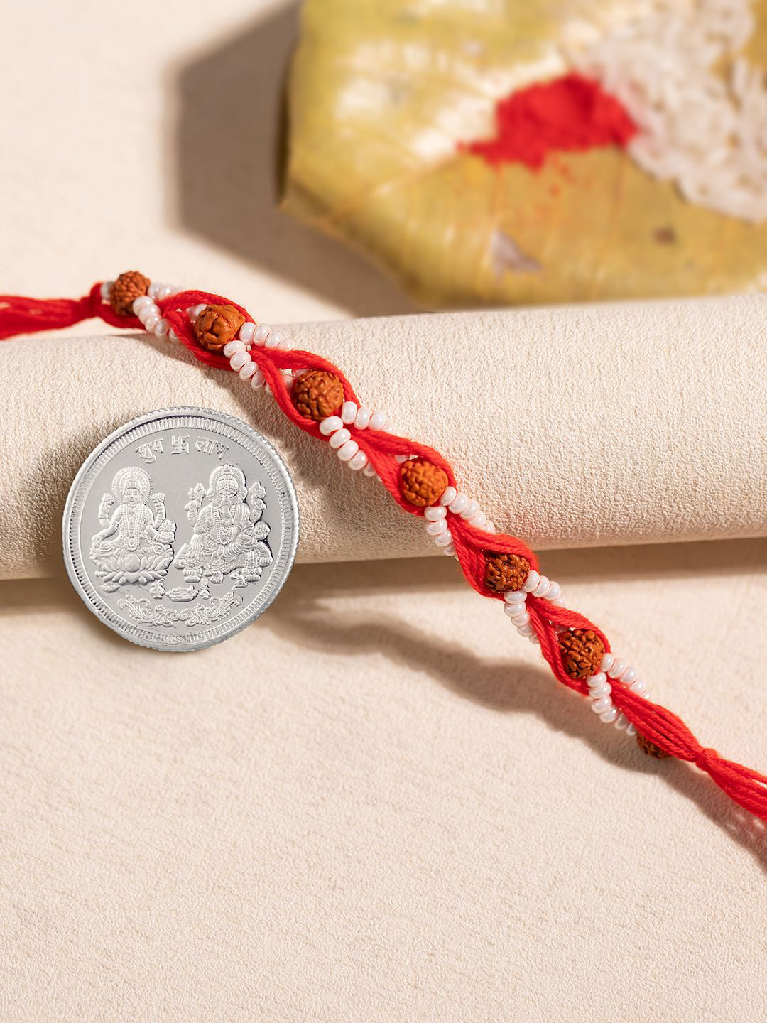 Studio Voylla Stone-Studded & Beaded Rakhi With Lakshmi & Lord Ganesha coin Gift Set