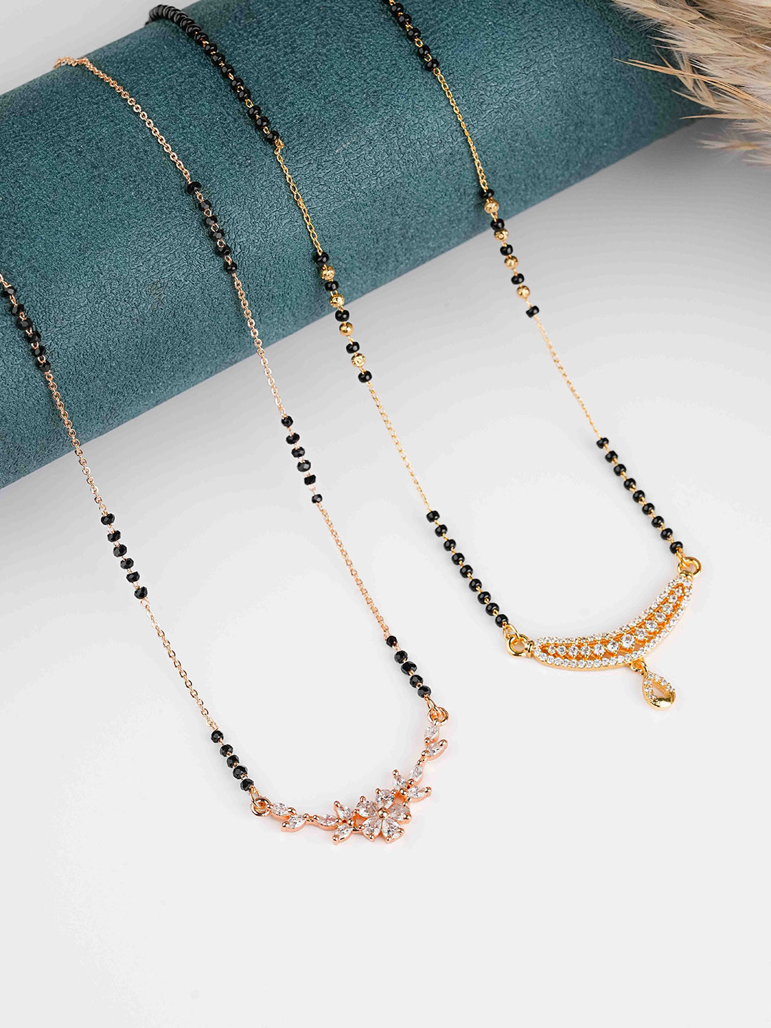 Zeraki Jewels Mahira & Kimaya Set of 2 Rose Gold-Plated Stone Studded & Beaded Mangalsutra