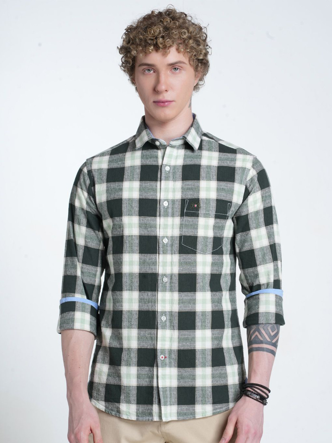 Double Two Relaxed Slim Fit Gingham Checked Chambray Weave Cotton Casual Shirt