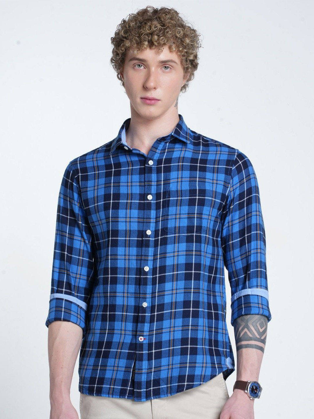 Double Two Men Relaxed Fit Buffalo Checked Spread Collar Cotton Casual Shirt