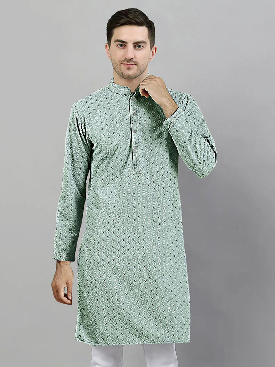 SG LEMAN Embroidered Chikankari Mandarin Collar Cotton Straight Kurta