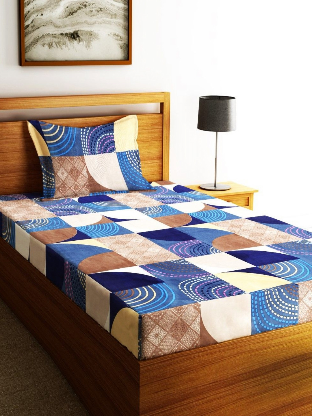 Fashion String Blue & Brown Printed Microfiber 144 TC Single Bedsheet Set 2.2 x 1.4 m