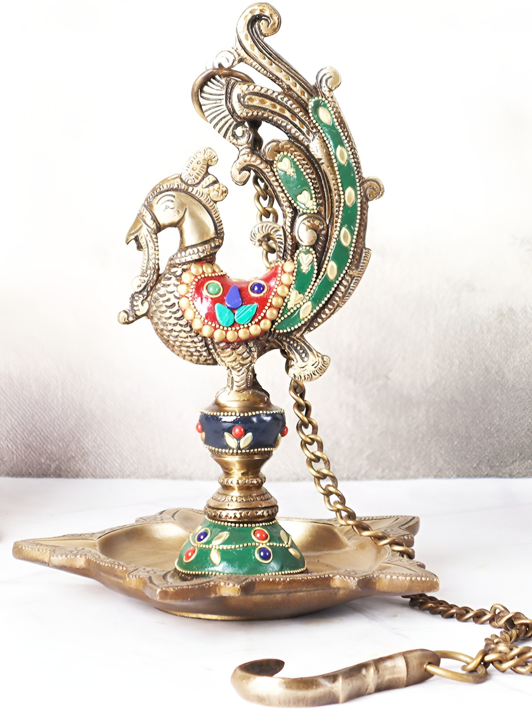 The Advitya Green & Gold Toned Sparrow Hanging Diya In Mosaic Work Idol Showpiece