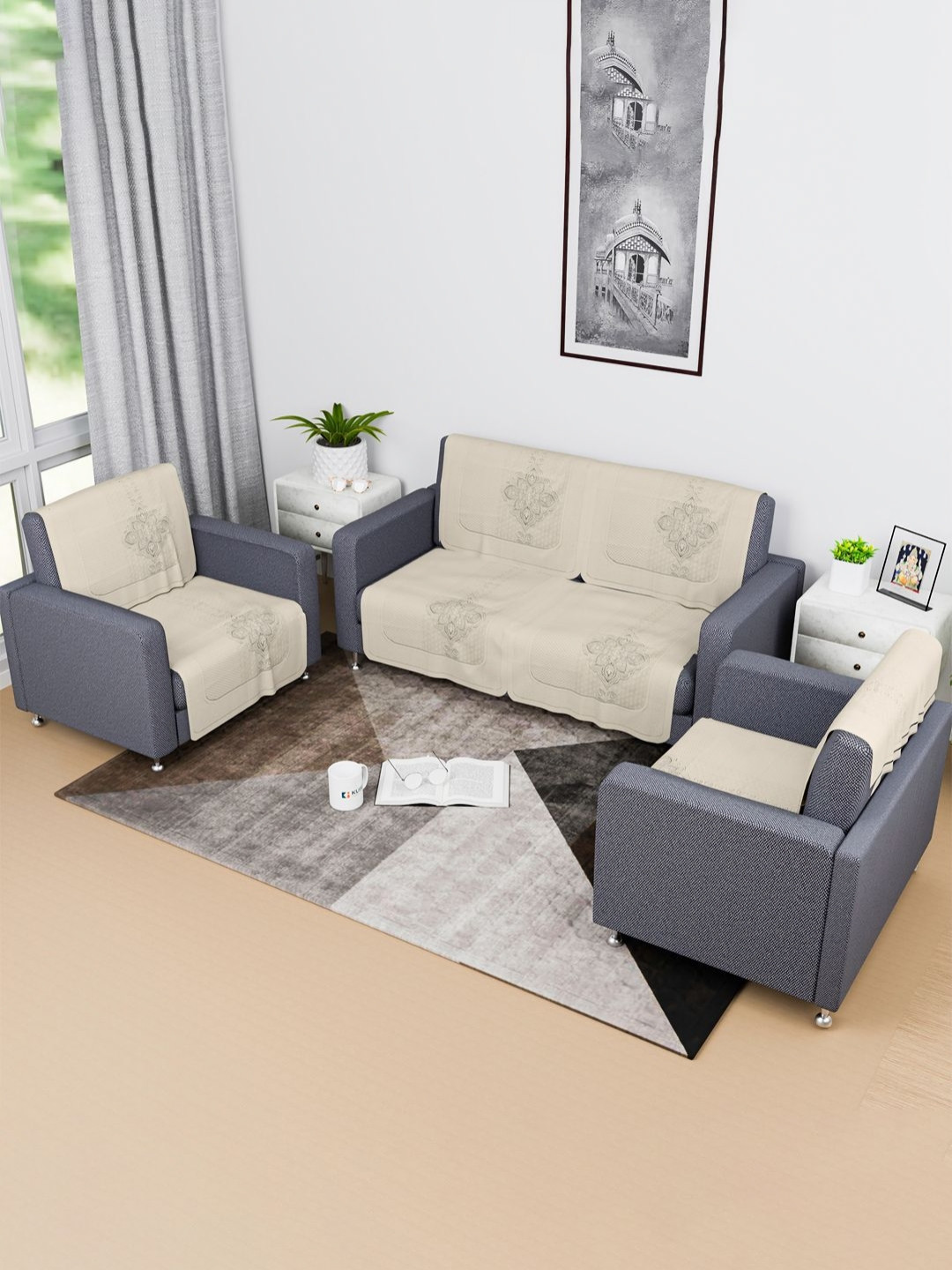 Aura Cream 8 Pieces Floral Printed 4 Seater Cotton Sofa Covers