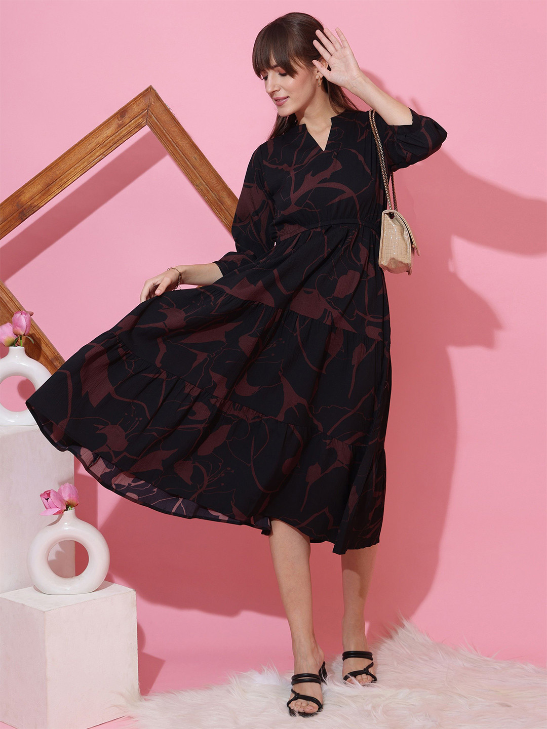 De La Moda Women Mandarin Collar Abstract Printed Crepe Fit & Flare Midi Dress