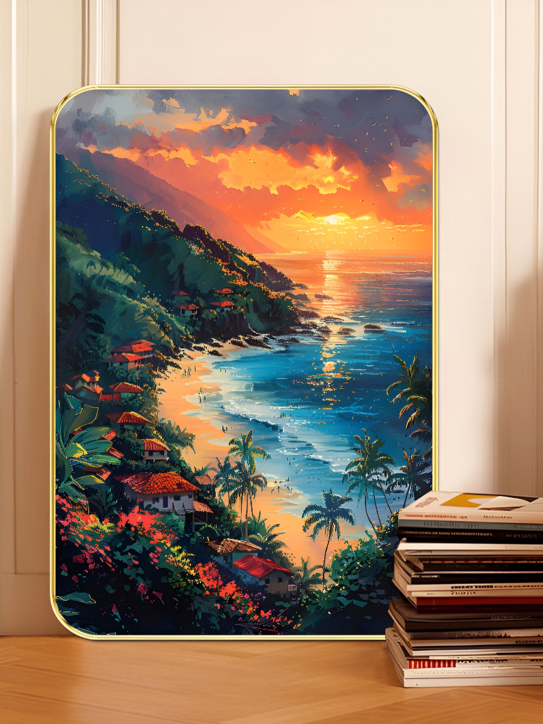 Myntra Elegant Homes Green & Blue Tropical Sunset Beach Wooden Wall Art