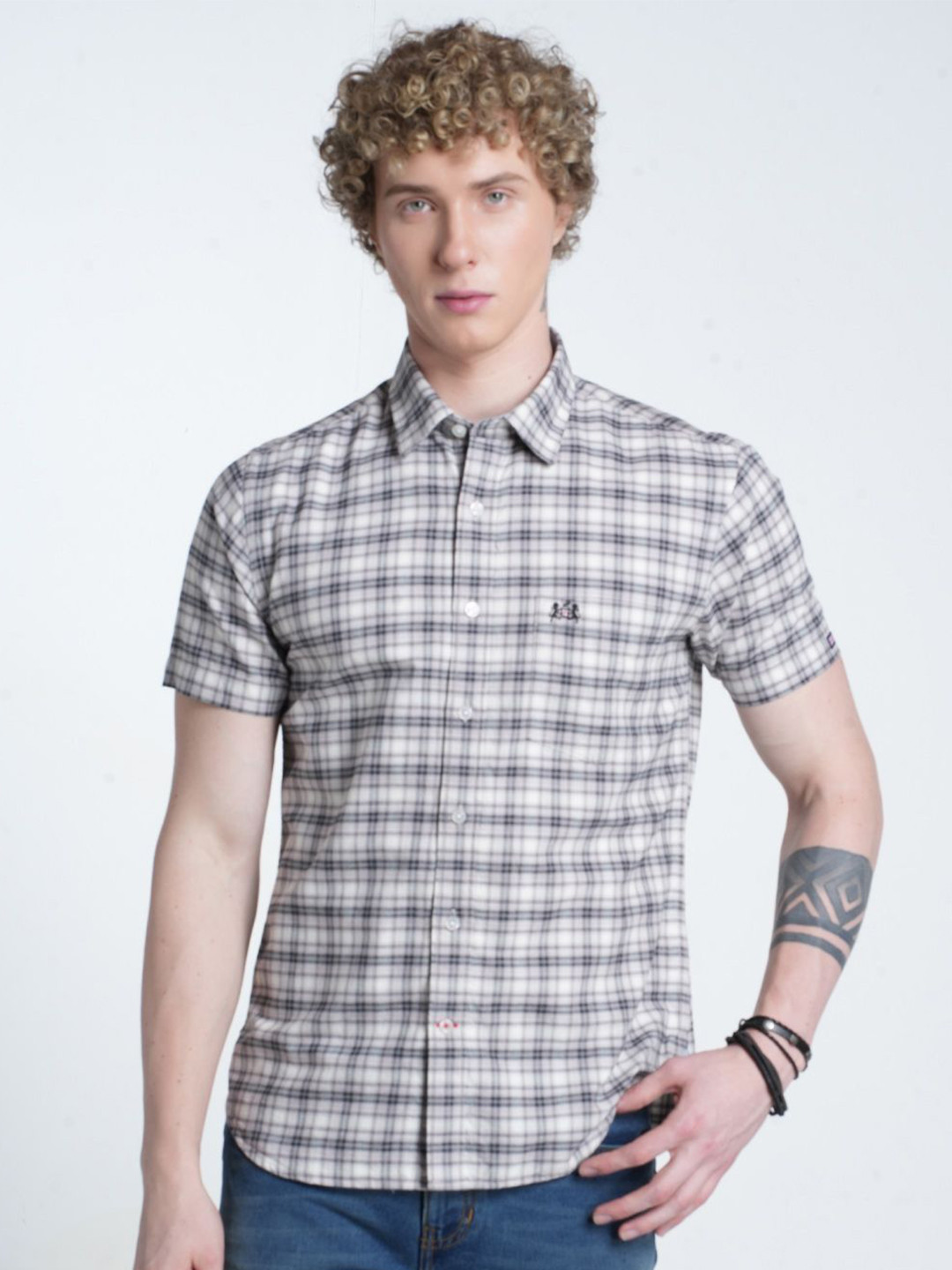 Double Two Men Relaxed Slim Fit Checked Spread Collar Cotton Casual Shirt