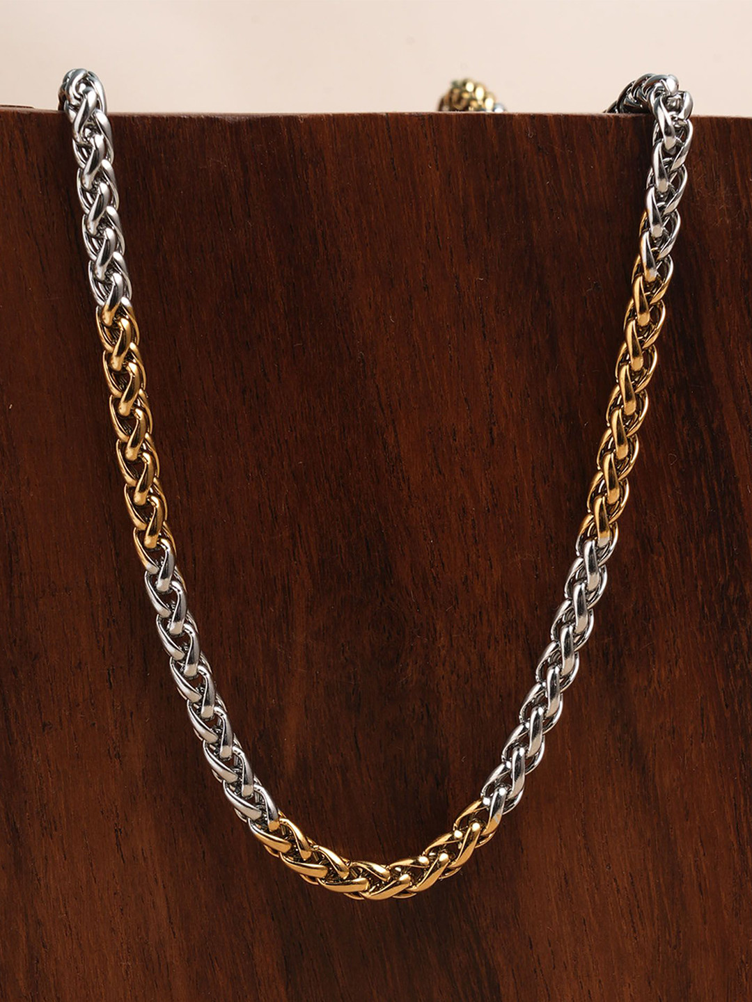 PALMONAS Men Rhodium-Plated Stainless Steel Waterproof & Anti-Tarnish Wheat Chain