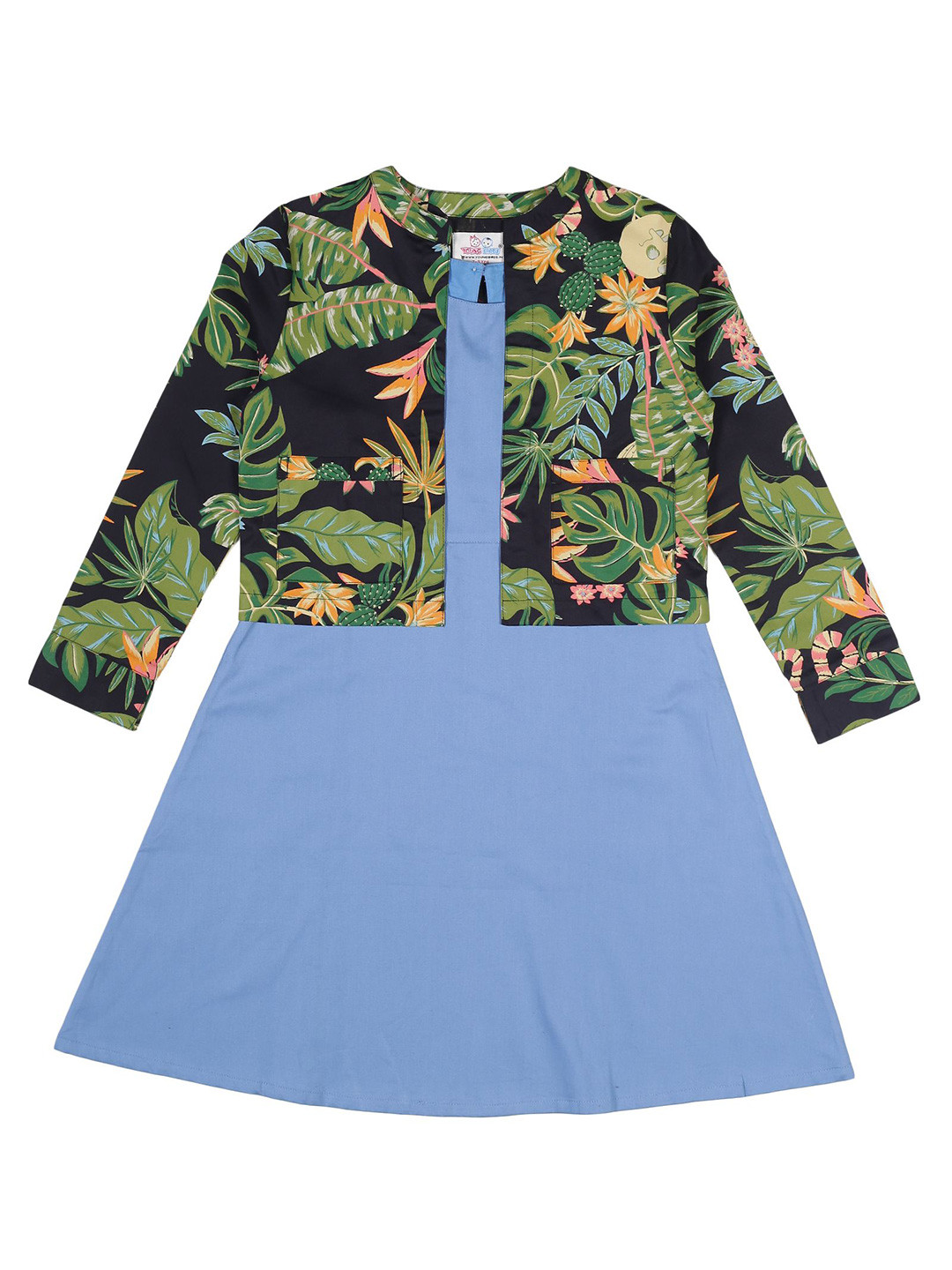 YOUNG BIRDS Girls Round Neck Pure Cotton A-Line Dress With Jacket