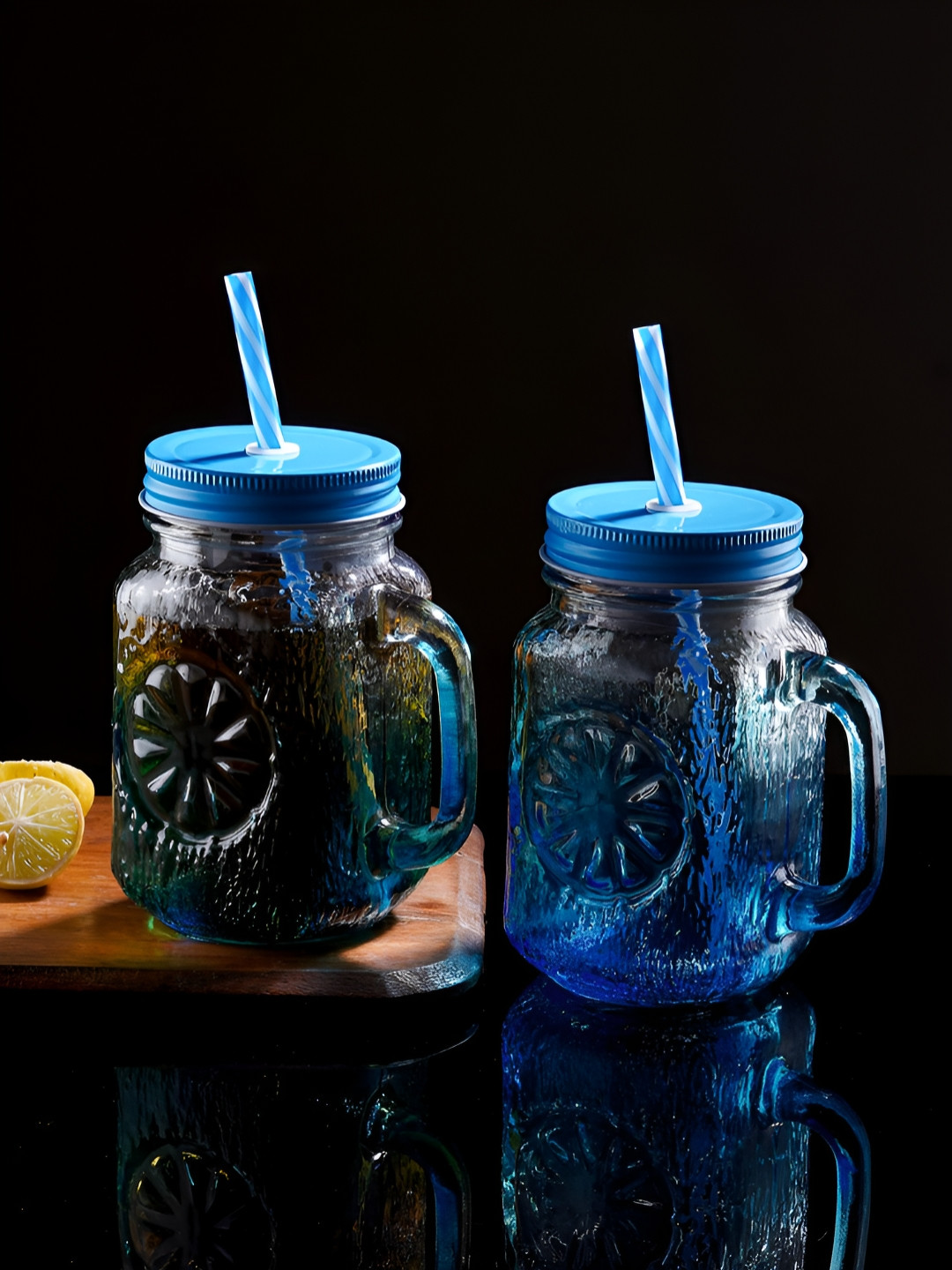 Aura Set of Blue  Coloured Mason Jar With Metal Lid & Straw 480 ml Each
