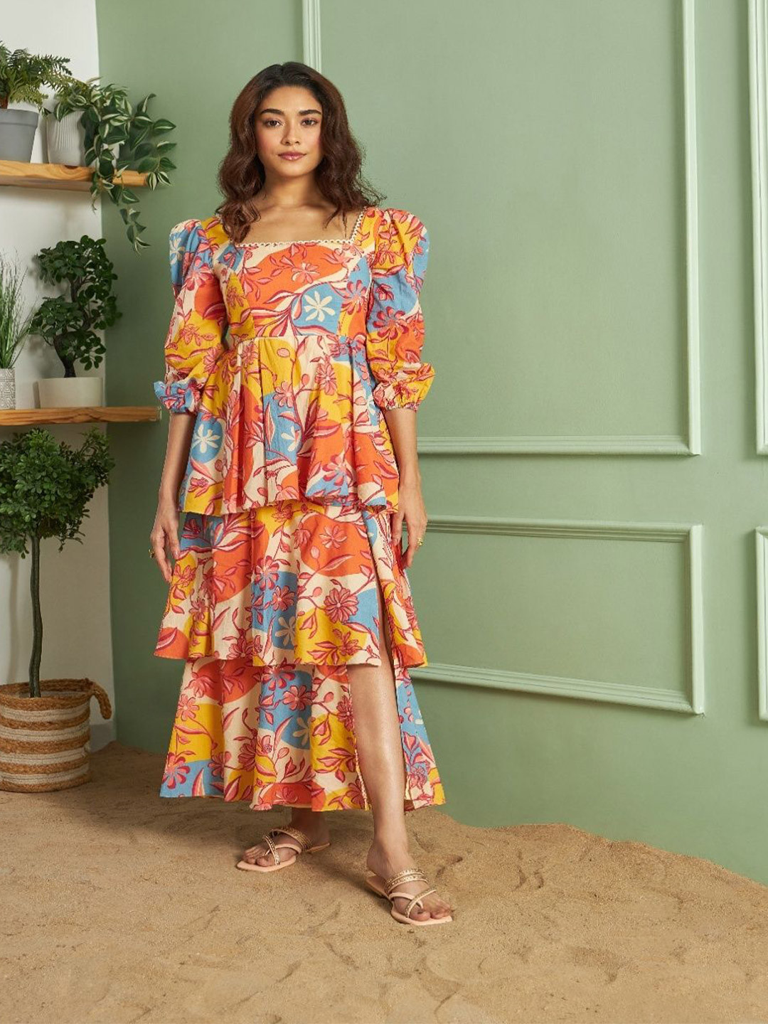 KM LABEL Women Square Neck Floral Print Fit and Flare Dress