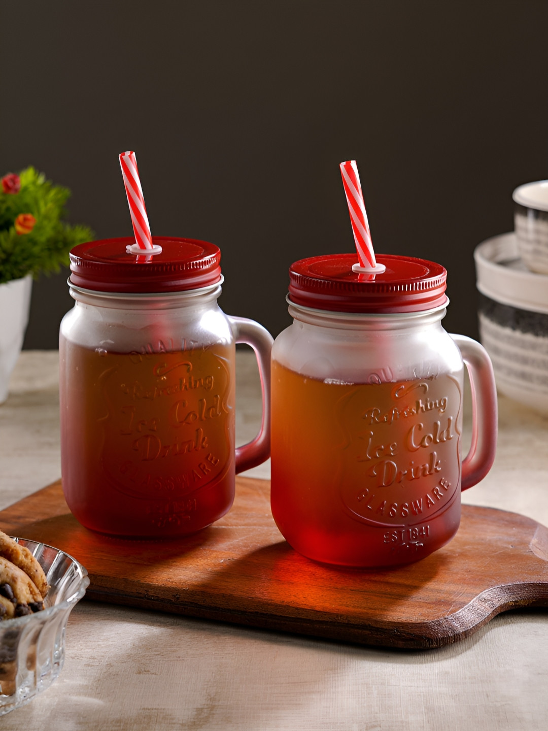 ceradeco Red 2 Pieces Glass Mason Jar Dishwasher Safe With Metal Lid & Straw 480 ML Each