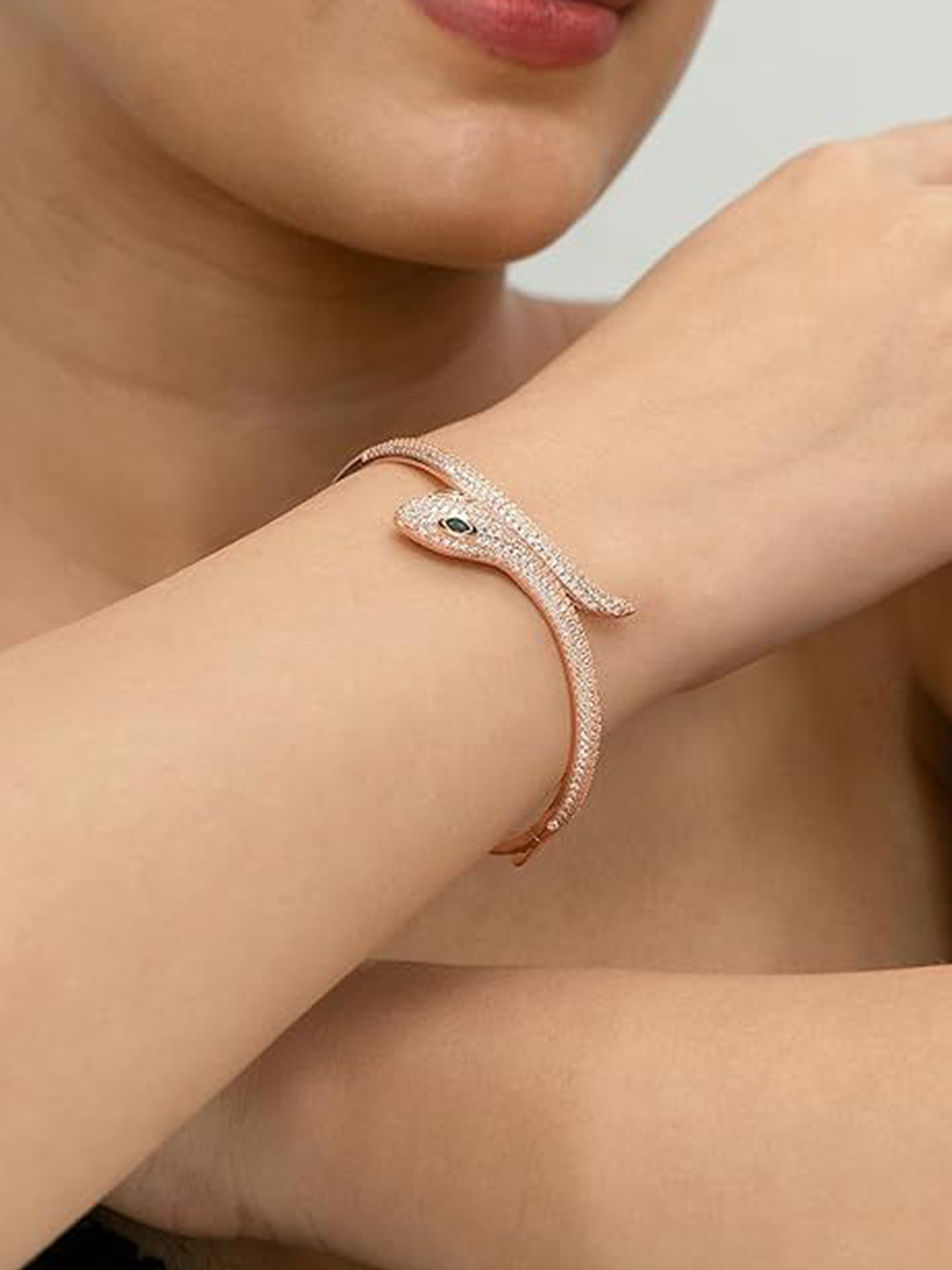 Amalfa Women Rose Gold-Plated Zircon Studded Medussa Serpent Snake Wraparound Bracelet