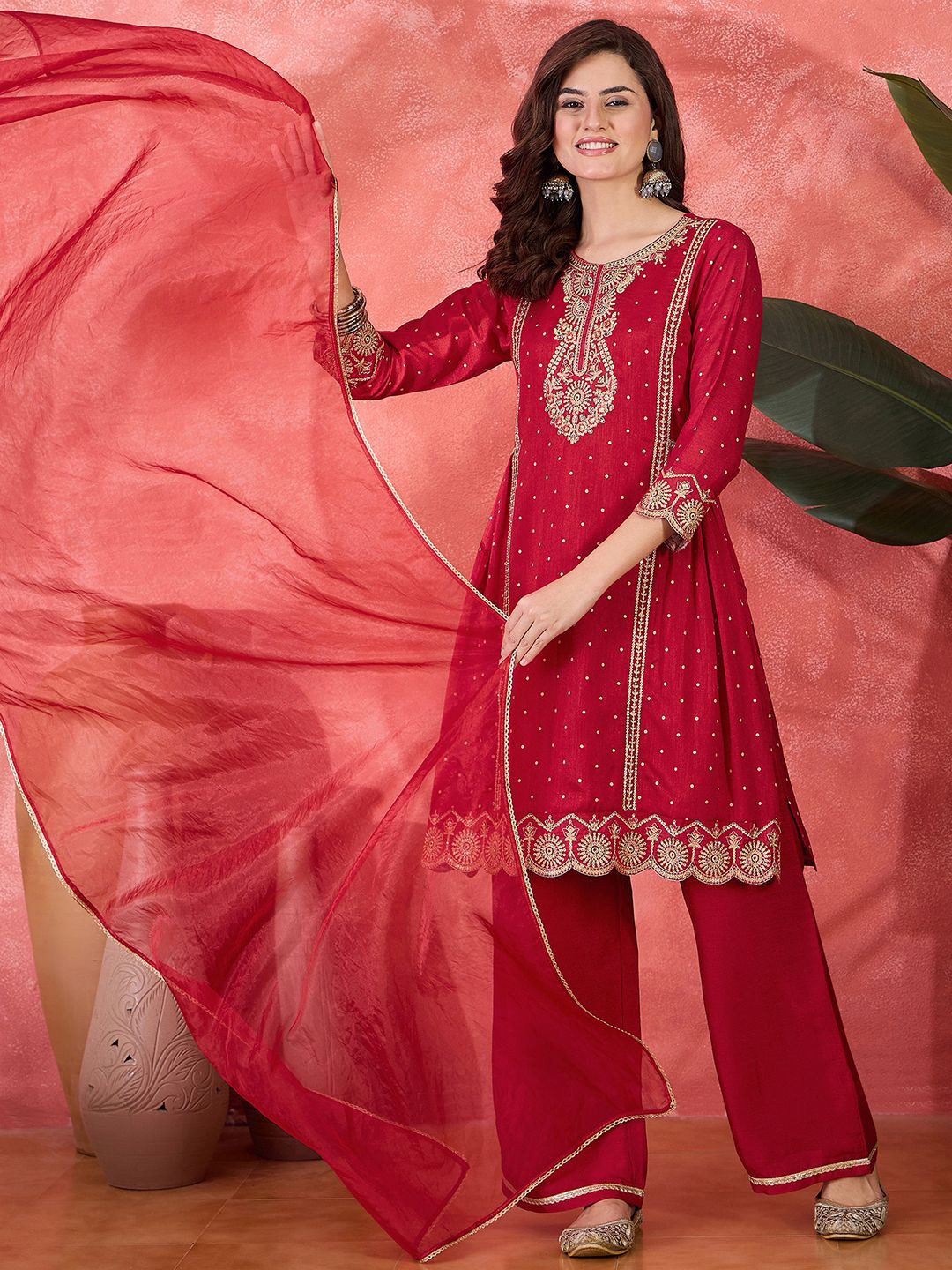 Sangria Zari Sequence Thread Cording Embroidered Kurta With Trousers & Dupatta