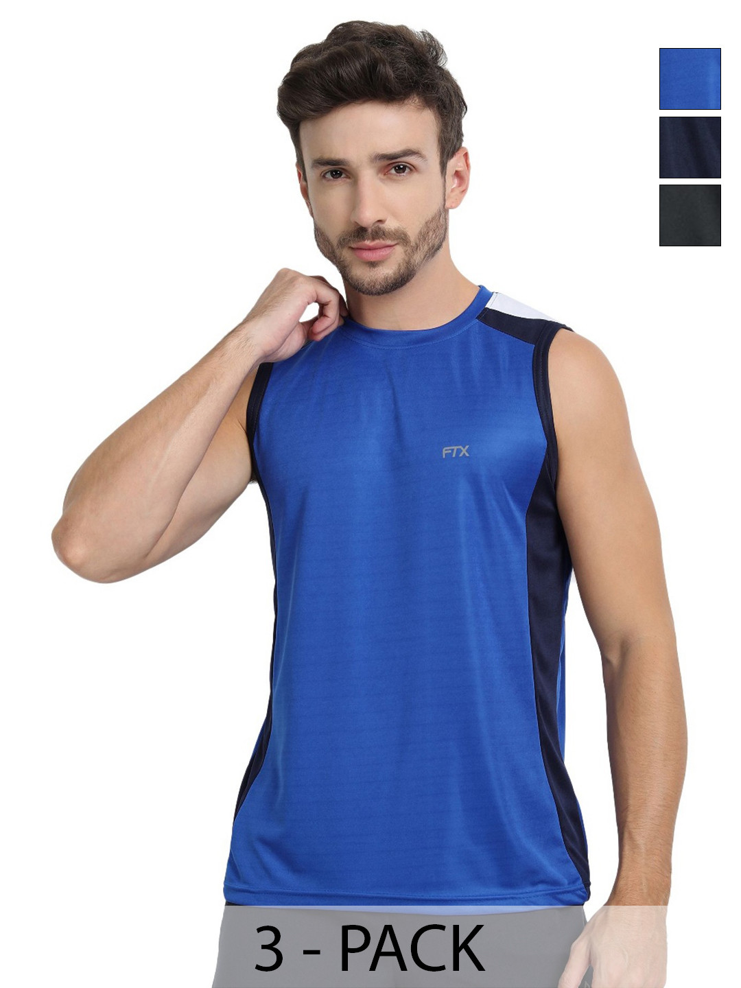 FTX Pack Of 3 Colourblocked Round Neck Sleeveless Dri-FIT T-shirts
