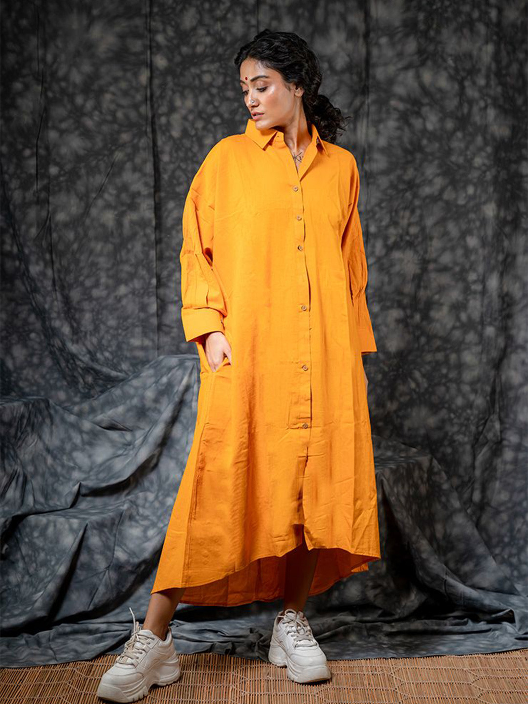 Prathaa Mustard Full Length Cotton Shirt Dress