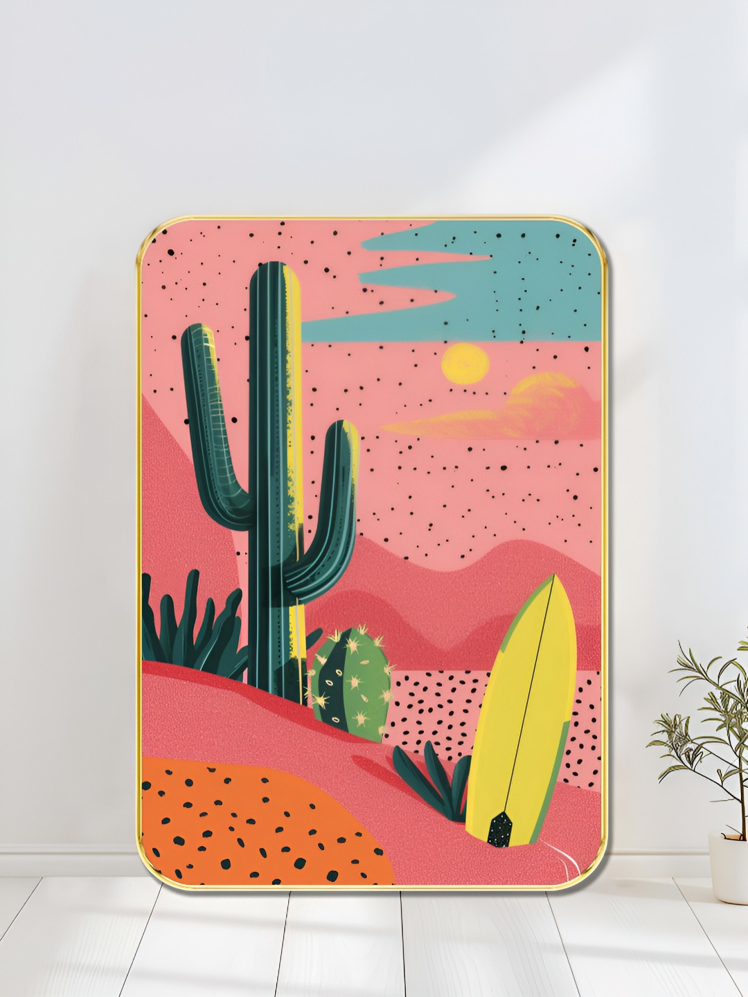 Myntra Elegant Homes Pink & Yellow Cactus Surf & Desert Landscape Wooden Wall Art