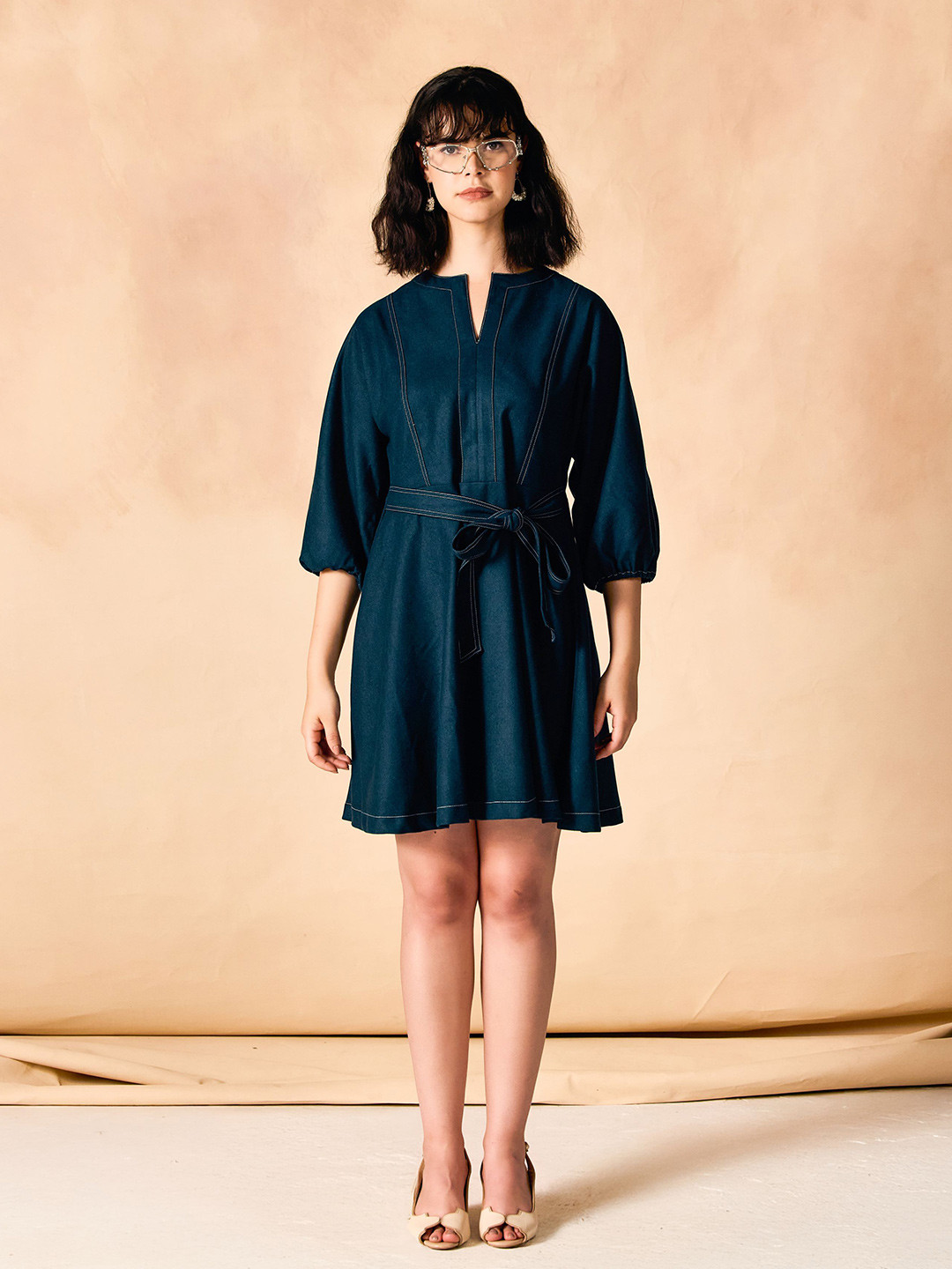 SAMMYUKK Women V-Neck Puff Sleeves Tie-Ups A-Line Dress