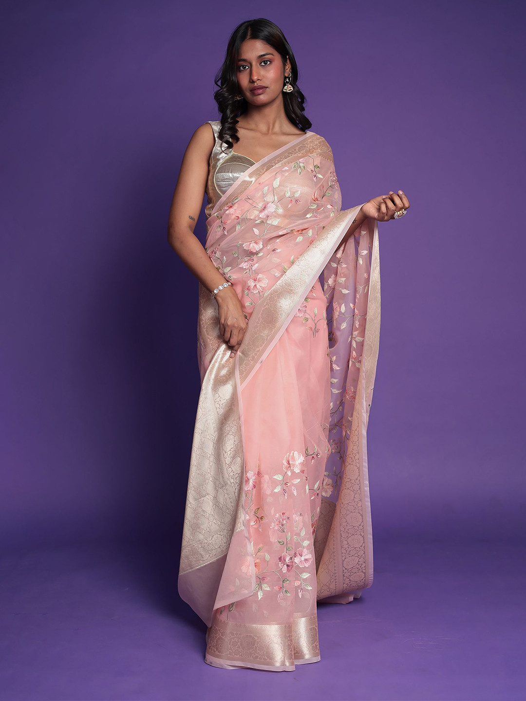 ZARI Floral Embroidered Jaipur Tissue Saree with Zari Works