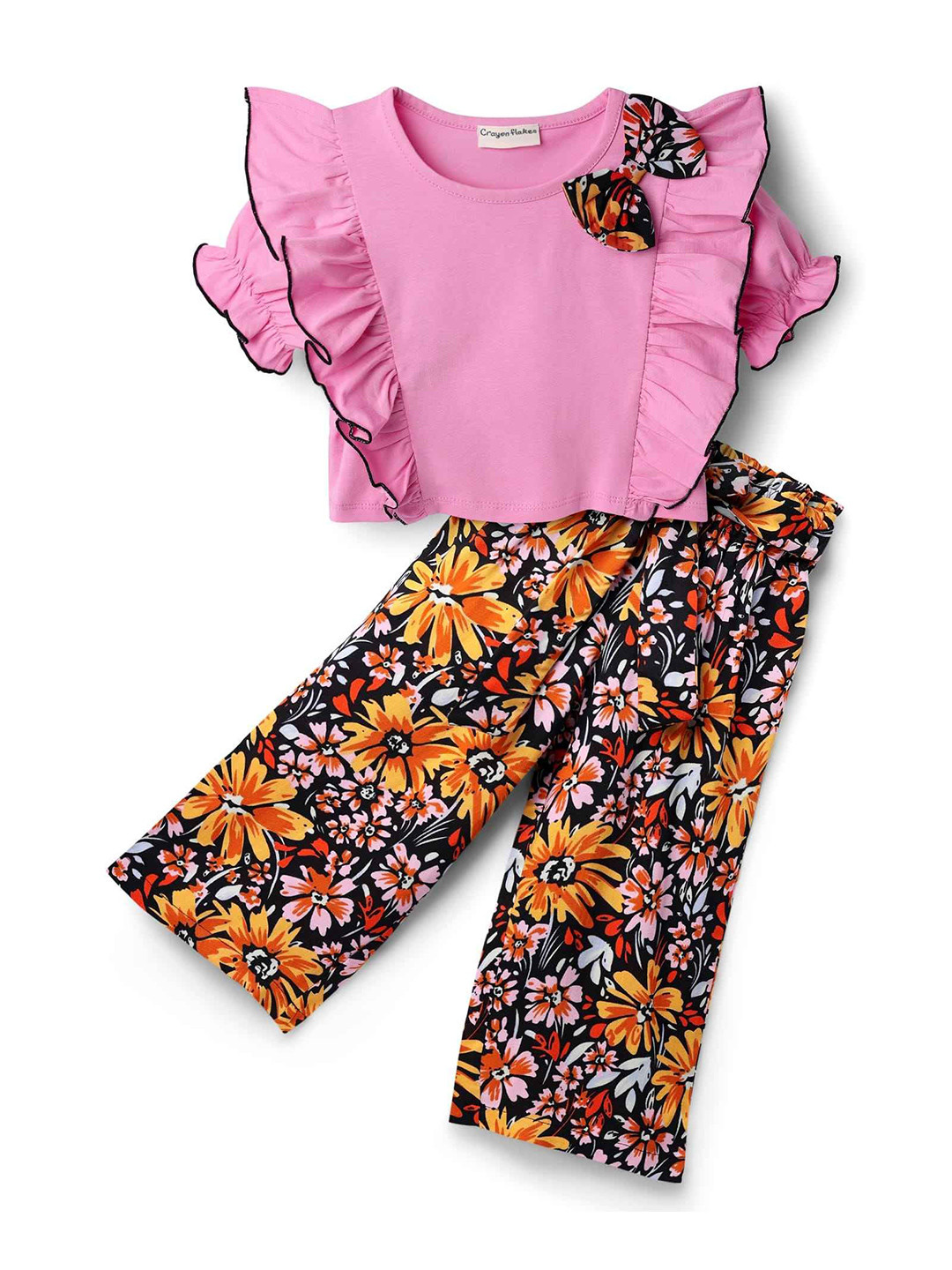 CrayonFlakes Girls Short Sleeves Pure Cotton Top With Palazzos