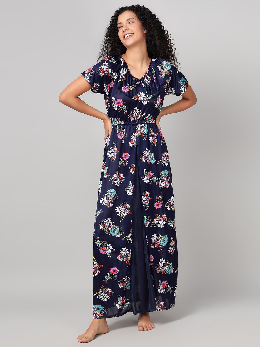 Clovia Women Printed Satin Maxi Nightdress
