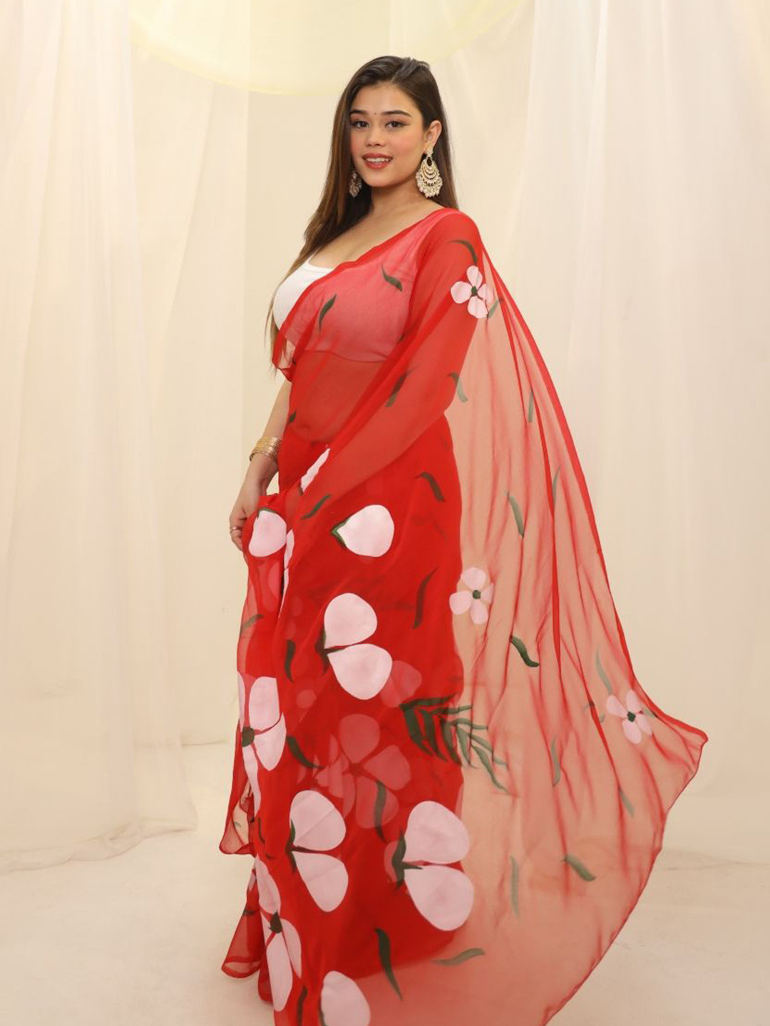 Swadeshi Shringaar Red Floral Hand Painted Georgette Saree
