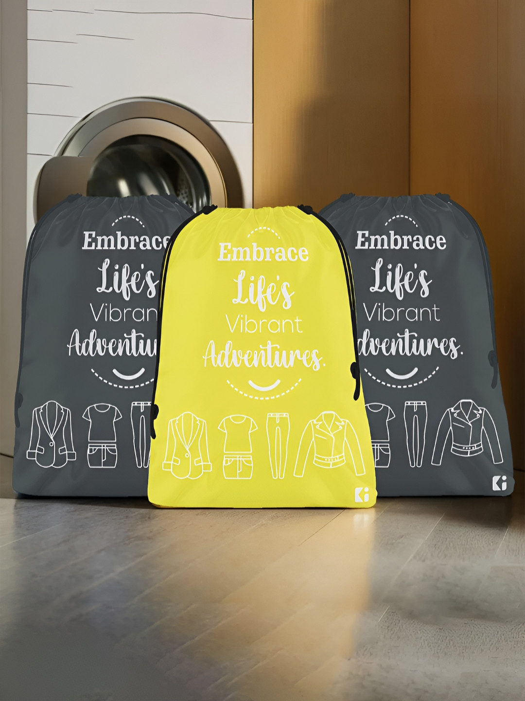 Aura Yellow & Black 3 Pieces Printed Foldable Laundry Bags