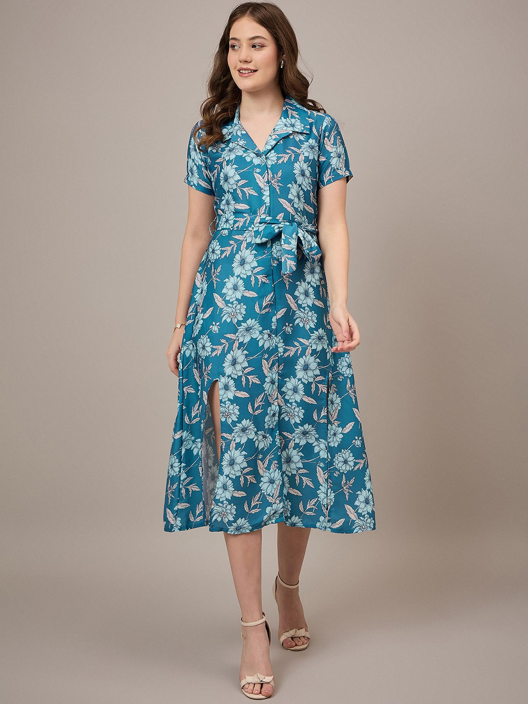 DressBerry Floral Print Shirt Coller Fit & Flare Midi Dress