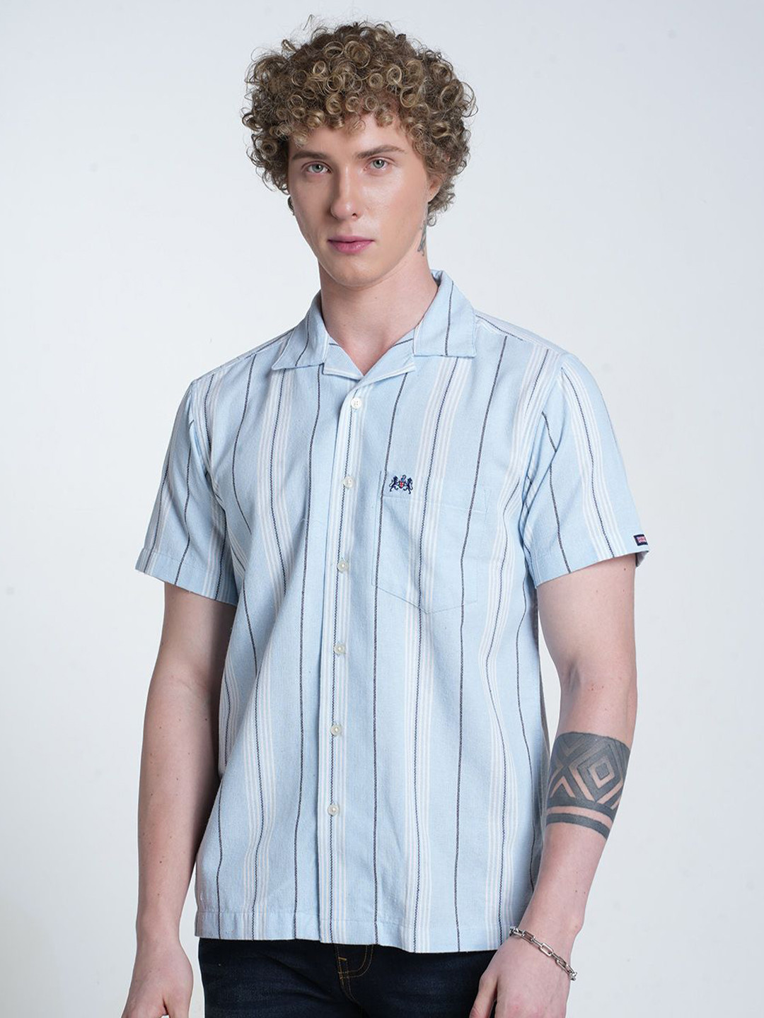 Double Two Men Relaxed Fit Vertical Striped Cuban Collar Cotton Casual Shirt