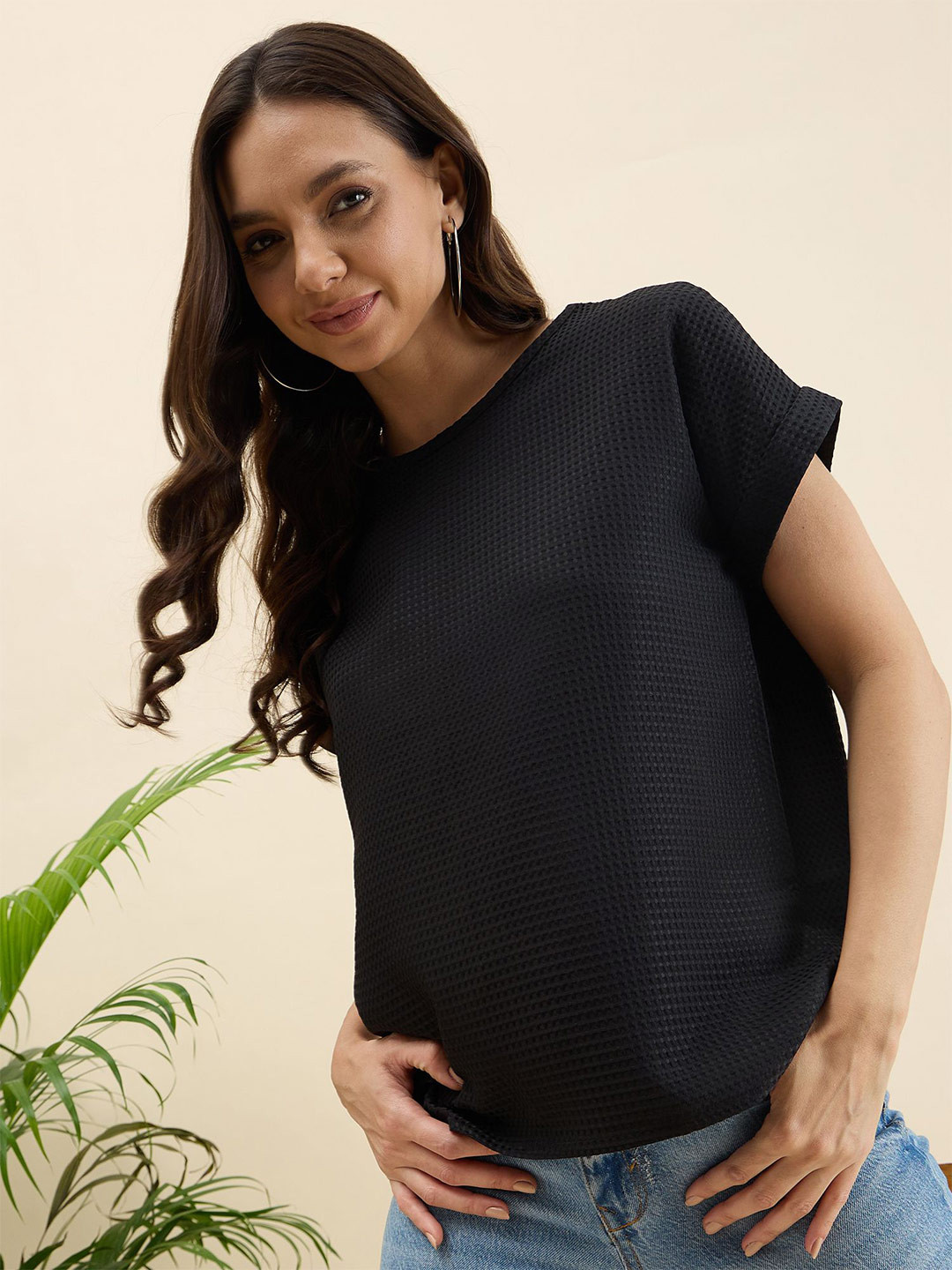 ANJIR Women Textured Roll-Up Sleeves Crepe Top