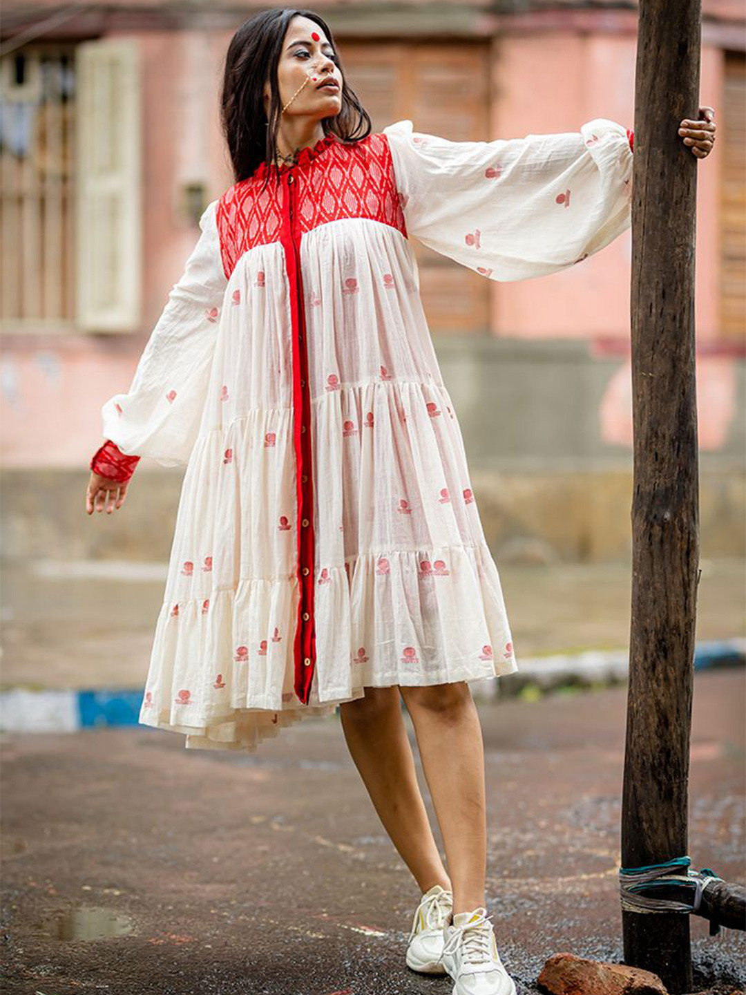 Prathaa Debi Women Jamdani Three Tiered Flare Cotton A-Line Dress