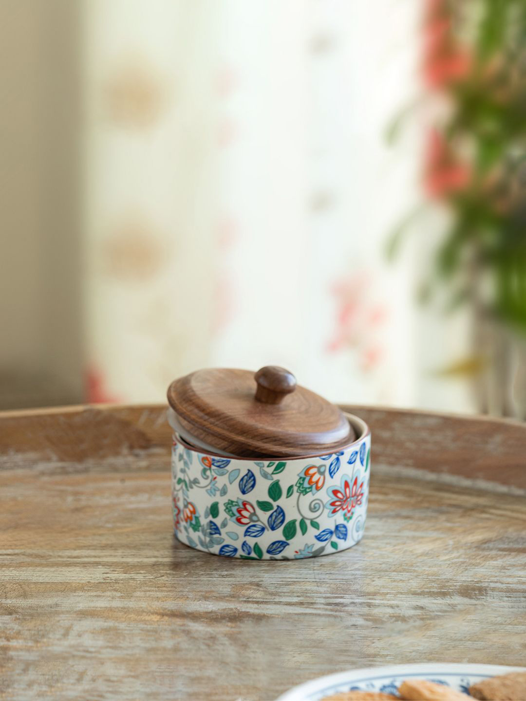 ExclusiveLane Jar & joy White & Blue Ceramic Jar Container With Wooden Lid