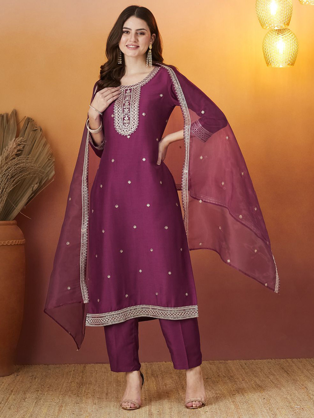 Colors of Earth Women Floral Embroidered Thread Work Kurta with Trousers & Dupatta