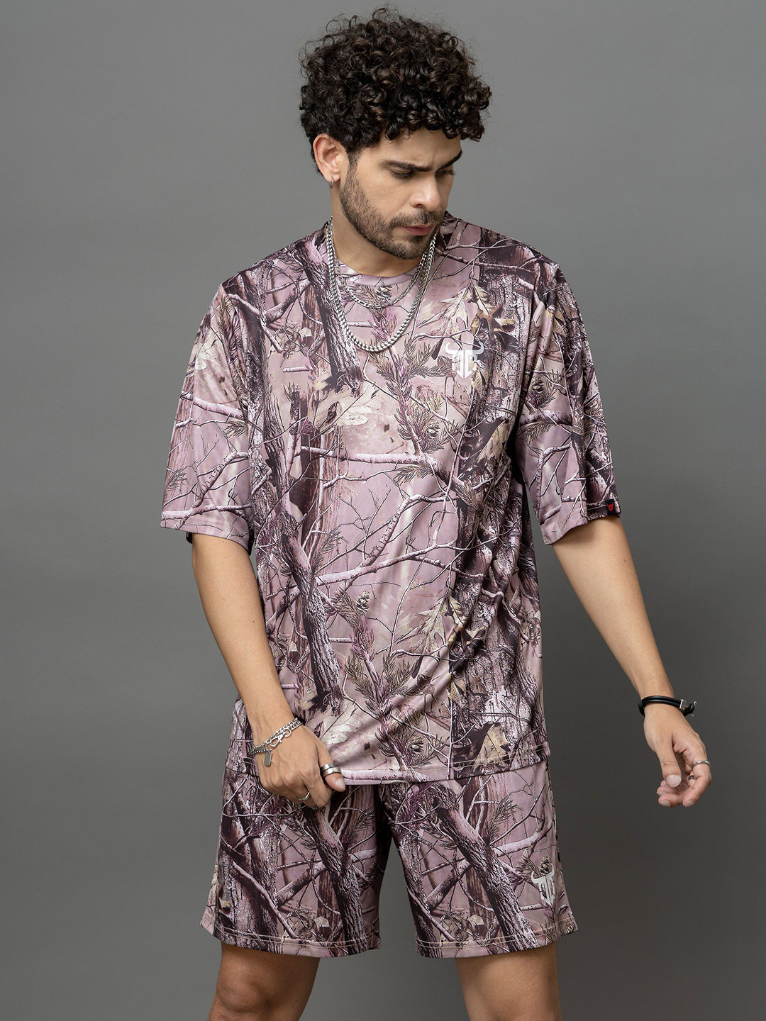 GO DEVIL Leaves Printed Oversized Round Neck T-Shirt With Shorts Co-Ords Set
