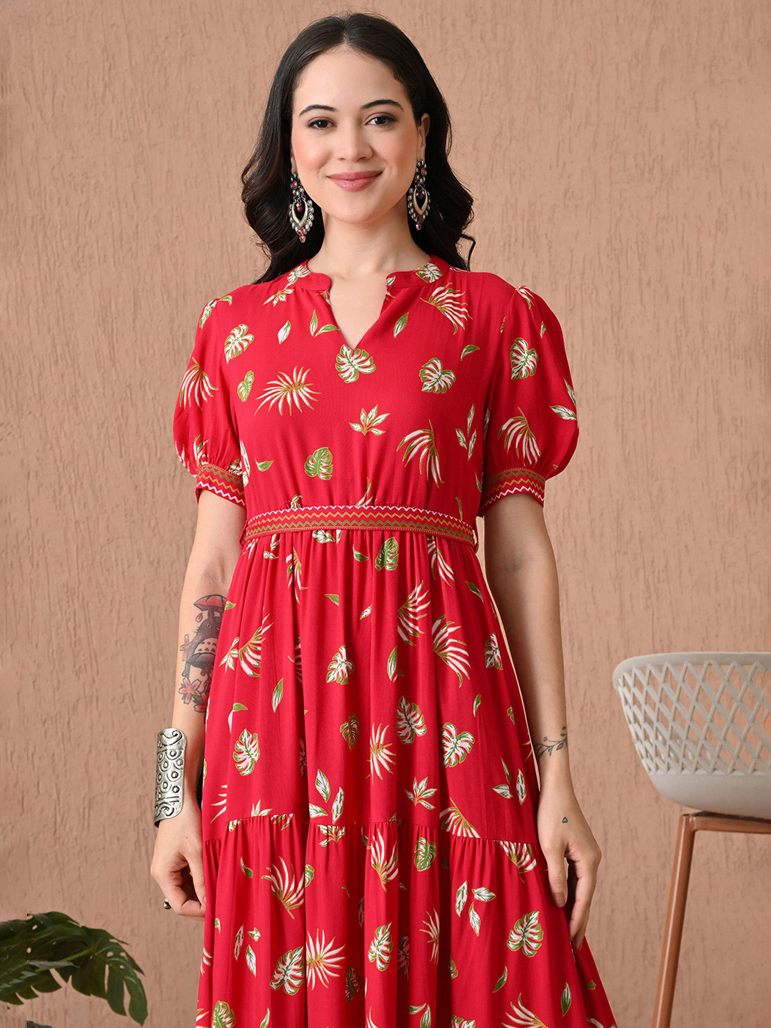 Dipani Women Tropical Print Belted Tiered Fit & Flare Midi Dress