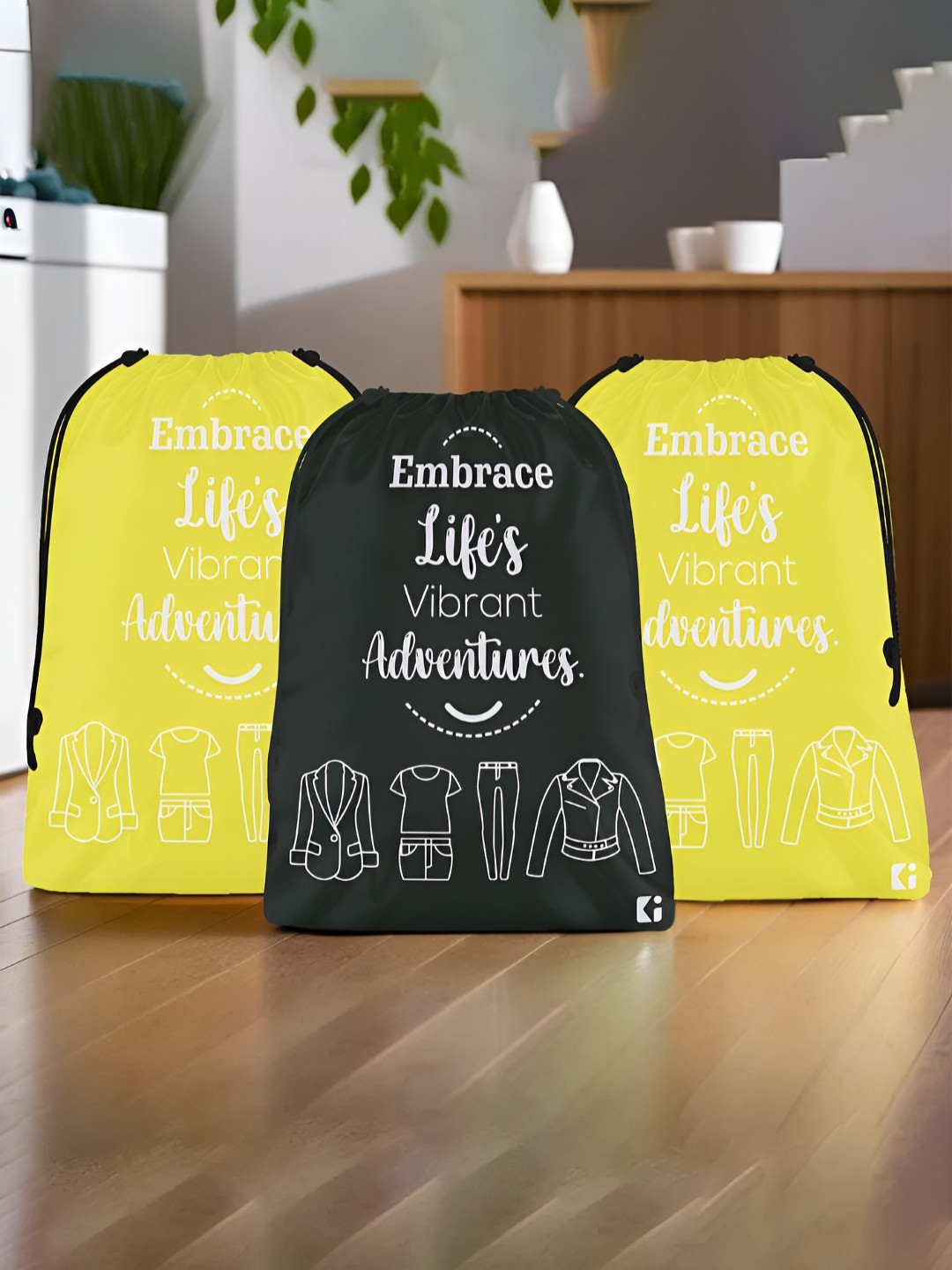 Aura Yellow & Black 3 Pieces Printed Water Resistant Laundry Bags